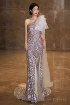 Princess Mermaid One Shoulder Party Dresses Sequin Lilac Prom Dresses