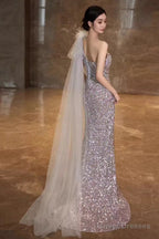 Princess Mermaid One Shoulder Party Dresses Sequin Lilac Prom Dresses