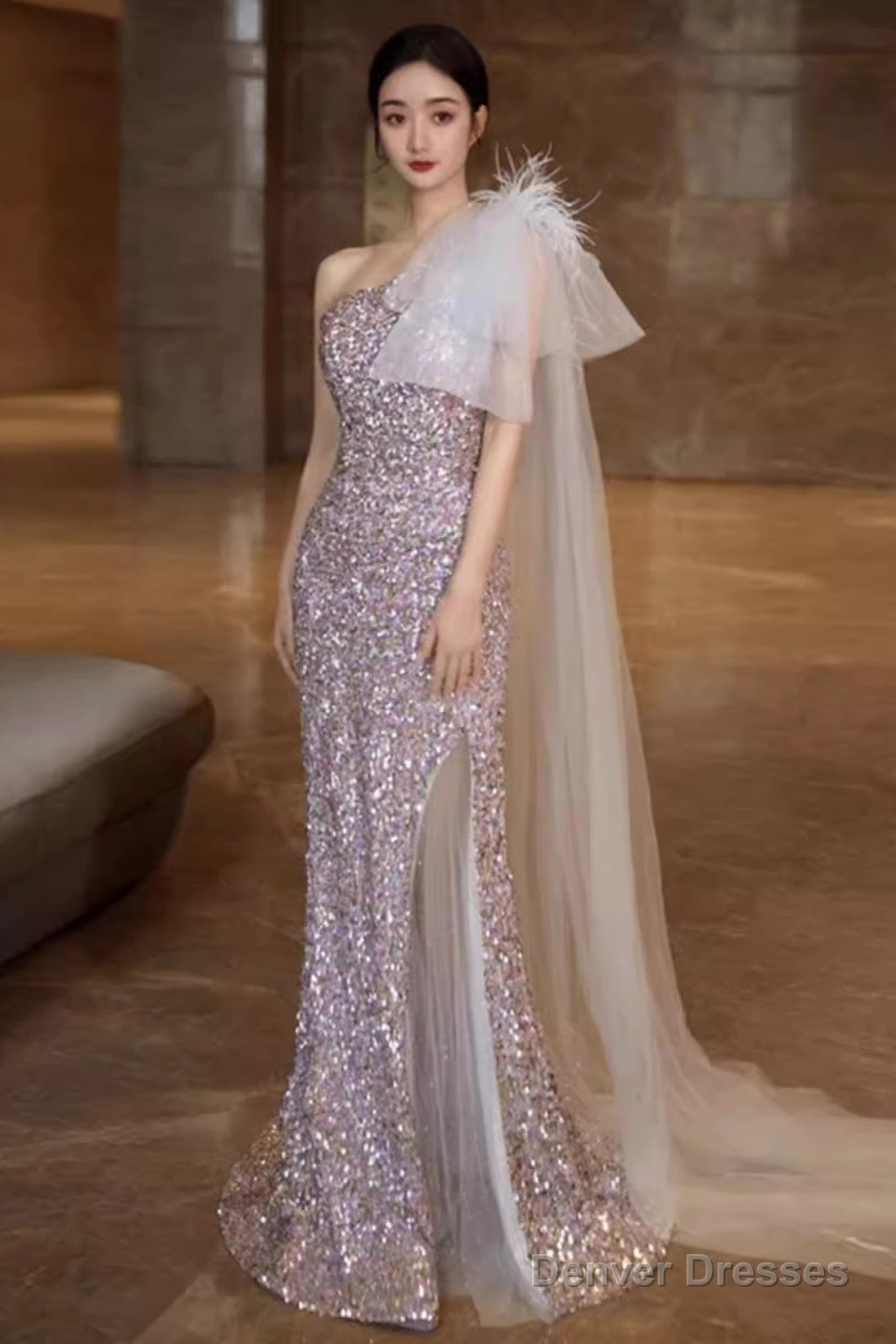 Princess Mermaid One Shoulder Party Dresses Sequin Lilac Prom Dresses Main image