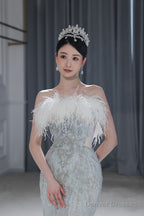 Princess Mermaid Strapless Neckline Long Sequin Feathers Long Wedding Dresses Brides Dress