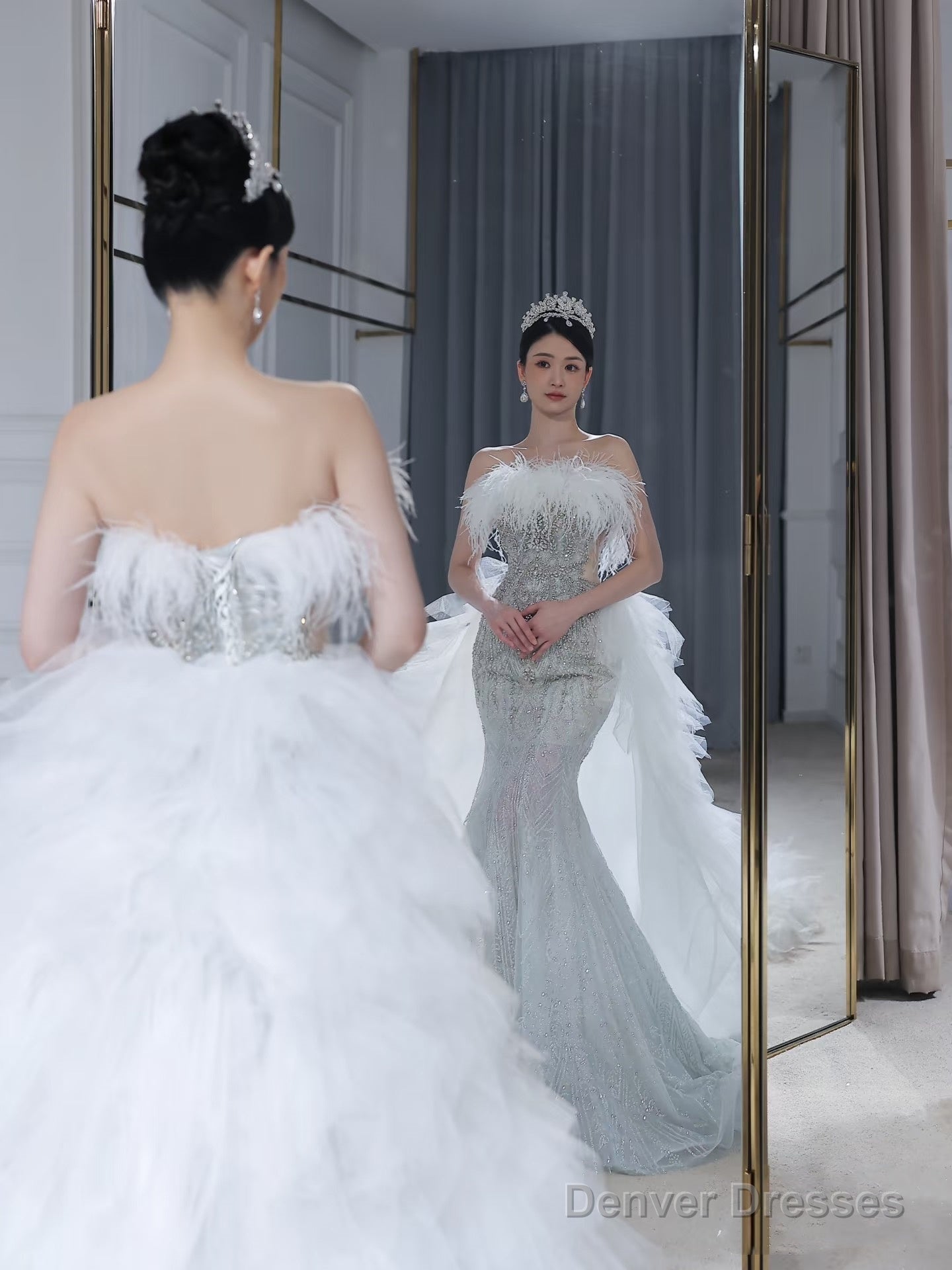 Princess Mermaid Strapless Neckline Long Sequin Feathers Long Wedding Dresses Brides Dress