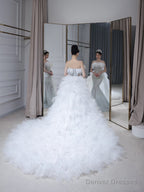Princess Mermaid Strapless Neckline Long Sequin Feathers Long Wedding Dresses Brides Dress
