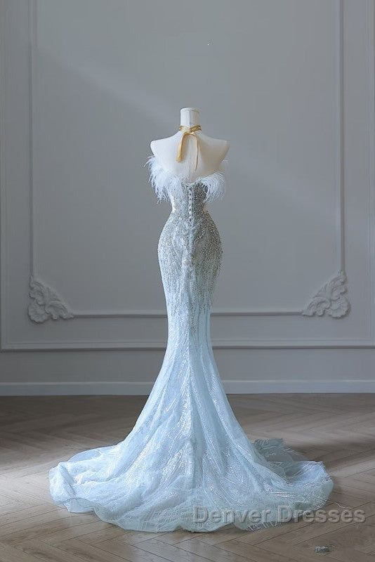 Princess Mermaid Strapless Neckline Long Sequin Light Sky Blue Long Wedding Dress Brides Dress