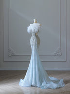 Princess Mermaid Strapless Neckline Long Sequin Light Sky Blue Long Wedding Dress Brides Dress