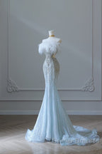 Princess Mermaid Strapless Neckline Long Sequin Light Sky Blue Long Wedding Dress Brides Dress