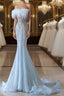 Princess Mermaid Strapless Neckline Long Sequin Light Sky Blue Long Wedding Dress Brides Dress