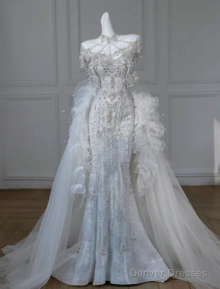 Princess Mermaid Strapless Neckline Sequin White Tulle Wedding Dresses Secondary image