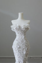 Princess Mermaid Strapless White Lace Long Wedding Dress Brides Dress