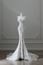 Princess Mermaid Strapless White Lace Long Wedding Dress Brides Dress