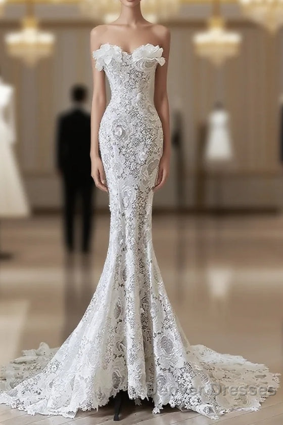 Princess Mermaid Strapless White Lace Long Wedding Dress Brides Dress Main image