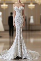 Princess Mermaid Strapless White Lace Long Wedding Dress Brides Dress