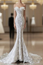 Princess Mermaid Strapless White Lace Long Wedding Dress Brides Dress