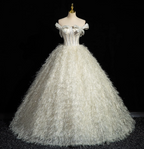Princess Milk White Bowknot Off-The-Shoulder Feather Tulle Ball Gown Evening Dress Sweet 16 Dress