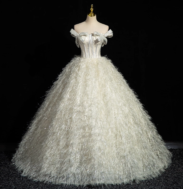 Princess Milk White Bowknot Off-The-Shoulder Feather Tulle Ball Gown Evening Dress Sweet 16 Dress