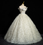 Princess Milk White Bowknot Off-The-Shoulder Feather Tulle Ball Gown Evening Dress Sweet 16 Dress