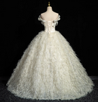 Princess Milk White Bowknot Off-The-Shoulder Feather Tulle Ball Gown Evening Dress Sweet 16 Dress