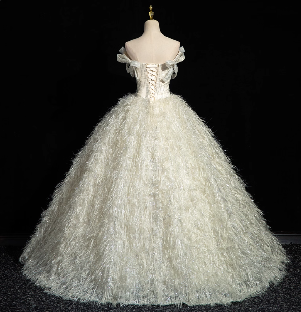Princess Milk White Bowknot Off-The-Shoulder Feather Tulle Ball Gown Evening Dress Sweet 16 Dress