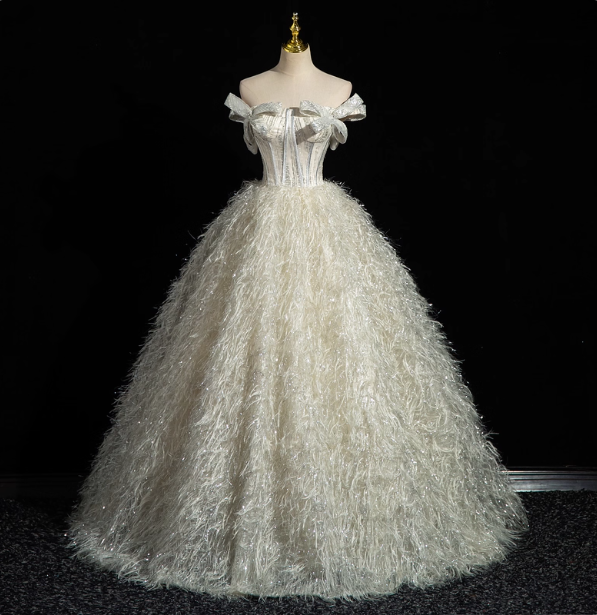 Princess Milk White Bowknot Off-The-Shoulder Feather Tulle Ball Gown Evening Dress Sweet 16 Dress