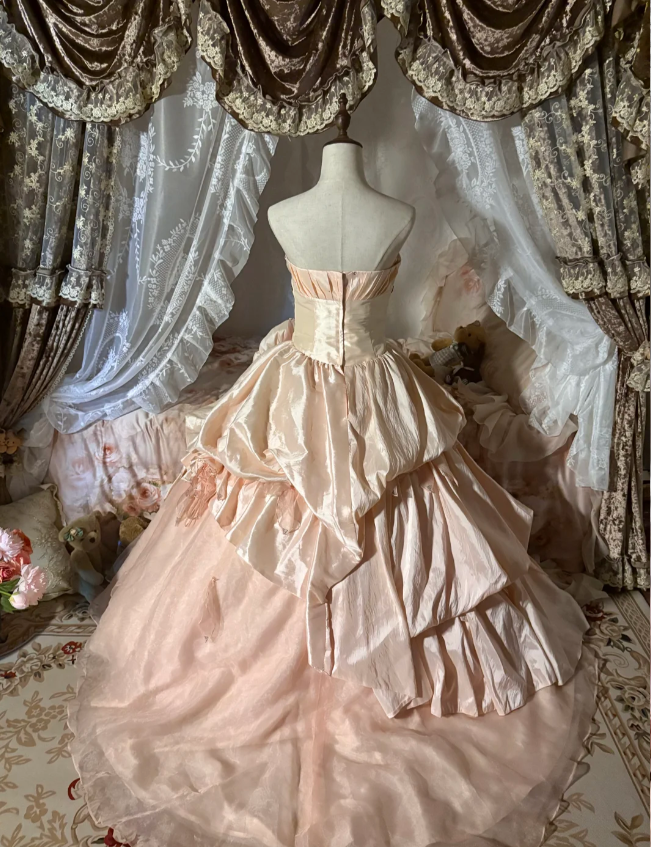Princess Nude Pink Strapless 3D Floral Satin Train Ball Gown Evening Dress Sweet 16 Dress