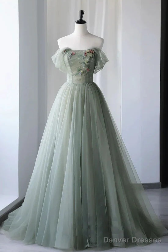 Princess Off the Shoulder Embroidering Tulle Sage Ball Gown Main image