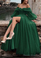 Princess Off-the-Shoulder Sweep Train Tulle Prom Dresses With Pleated Split