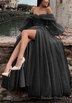 Princess Off-the-Shoulder Sweep Train Tulle Prom Dresses With Pleated Split