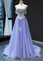 Princess Off-the-Shoulder Sweep Train Tulle Satin Prom Dresses With Appliqued