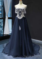 Princess Off-the-Shoulder Sweep Train Tulle Satin Prom Dresses With Appliqued