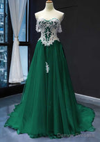 Princess Off-the-Shoulder Sweep Train Tulle Satin Prom Dresses With Appliqued