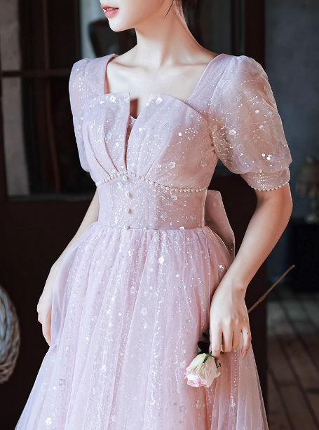 Princess Pink A-Line Square Neck Puff Short Sleeve Bow Tulle Long Prom Dress Evening Dress