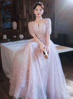 Princess Pink A-Line Square Neck Puff Short Sleeve Bow Tulle Long Prom Dress Evening Dress