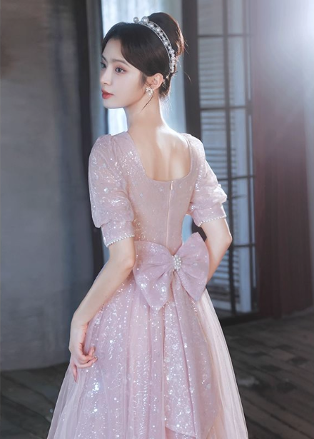 Princess Pink A-Line Square Neck Puff Short Sleeve Bow Tulle Long Prom Dress Evening Dress