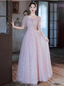 Princess Pink A-Line Square Neck Puff Short Sleeve Bow Tulle Long Prom Dress Evening Dress