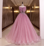 Princess Pink Bow Lace Tulle Ball Gown Evening Dress Sweet 16 Dress