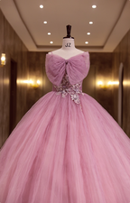 Princess Pink Bow Lace Tulle Ball Gown Evening Dress Sweet 16 Dress