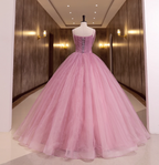 Princess Pink Bow Lace Tulle Ball Gown Evening Dress Sweet 16 Dress