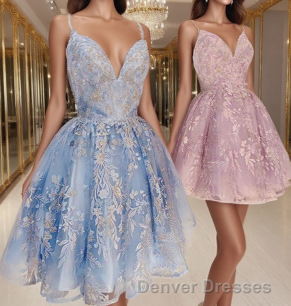 princess pink short homecoming Dress, light sky blue formal homecoming Dress, lace hoco Dress for teens Main image
