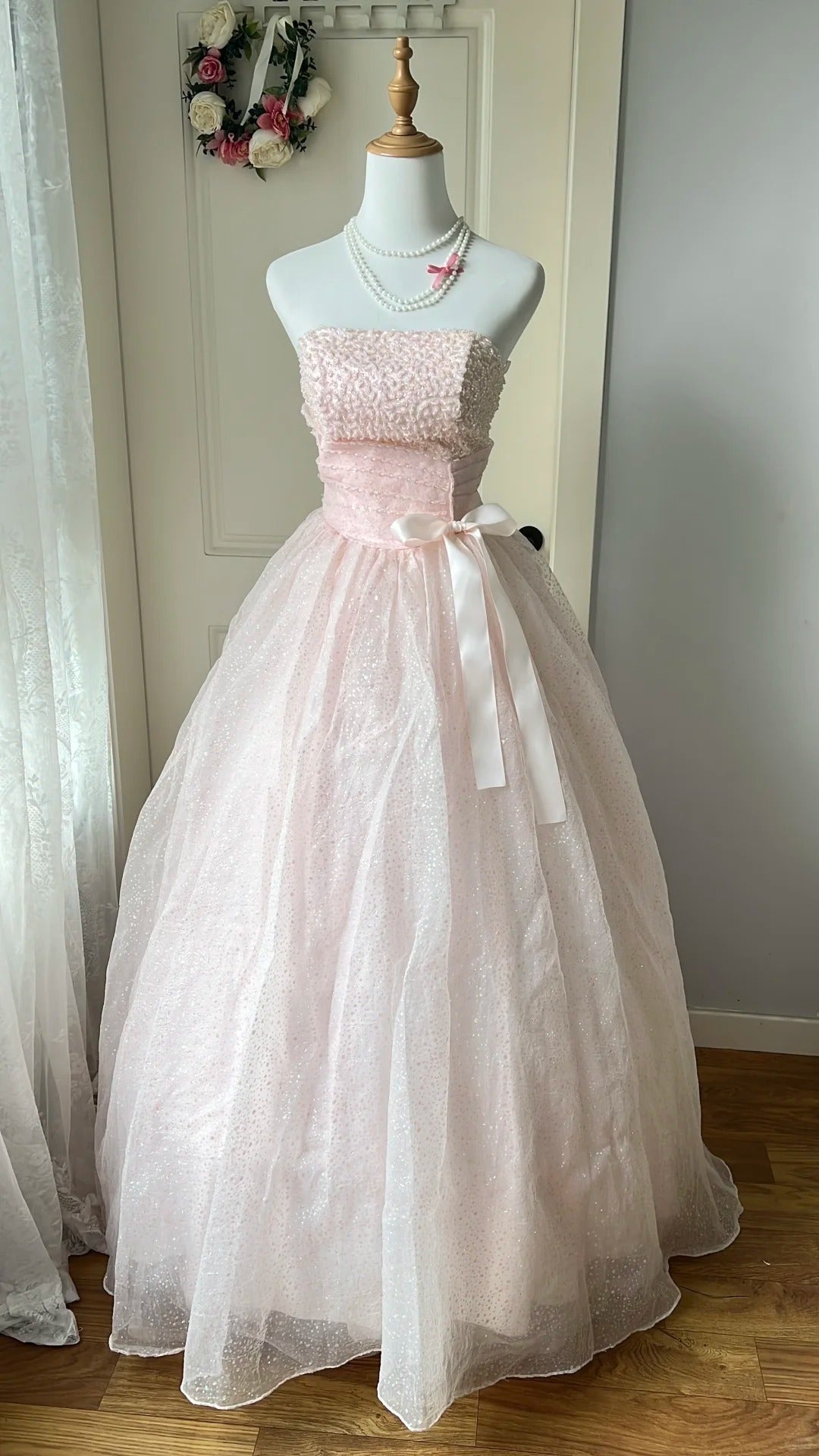 Princess Pink Strapless Bow Sequined Tulle Ball Gown Evening Dress Sweet 16 Dress Secondary image