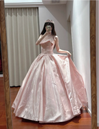 Princess Pink Strapless Ruffled Neck Satin Floor-Length Ball Gown Evening Gown 16Th Birthday Gown