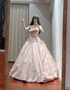 Princess Pink Strapless Ruffled Neck Satin Floor-Length Ball Gown Evening Gown 16Th Birthday Gown