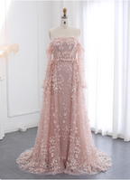 Princess Pink Train Off-The-Shoulder 3D Floral Tulle Prom Dress Evening Dress