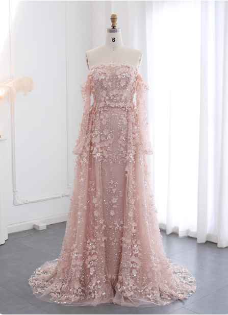 Princess Pink Train Off-The-Shoulder 3D Floral Tulle Prom Dress Evening Dress