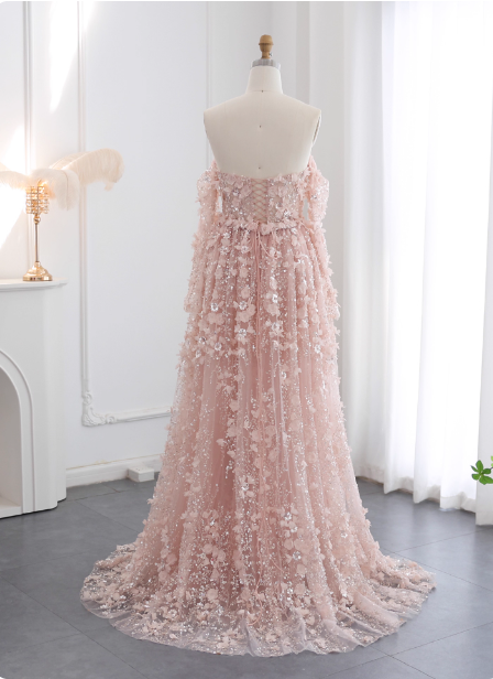 Princess Pink Train Off-The-Shoulder 3D Floral Tulle Prom Dress Evening Dress