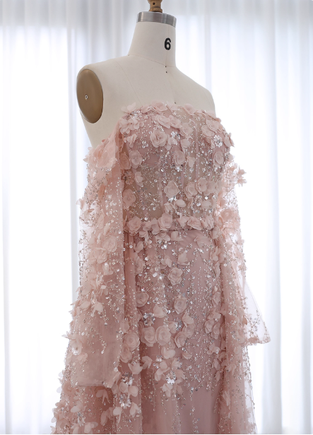 Princess Pink Train Off-The-Shoulder 3D Floral Tulle Prom Dress Evening Dress