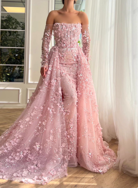 Princess Pink Train Off-The-Shoulder 3D Floral Tulle Prom Dress Evening Dress Main image