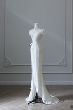 Princess Sheath High Neckline White Sequin Long Wedding Dress Brides Dress