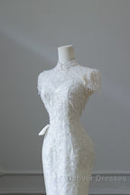 Princess Sheath High Neckline White Sequin Long Wedding Dress Brides Dress