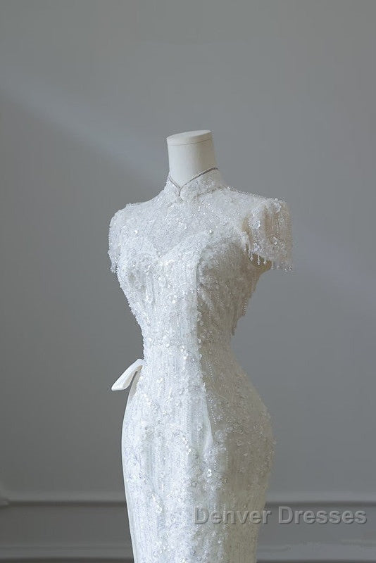 Princess Sheath High Neckline White Sequin Long Wedding Dress Brides Dress