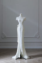 Princess Sheath High Neckline White Sequin Long Wedding Dress Brides Dress