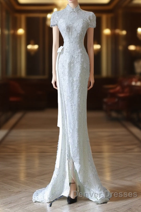 Princess Sheath High Neckline White Sequin Long Wedding Dress Brides Dress Main image